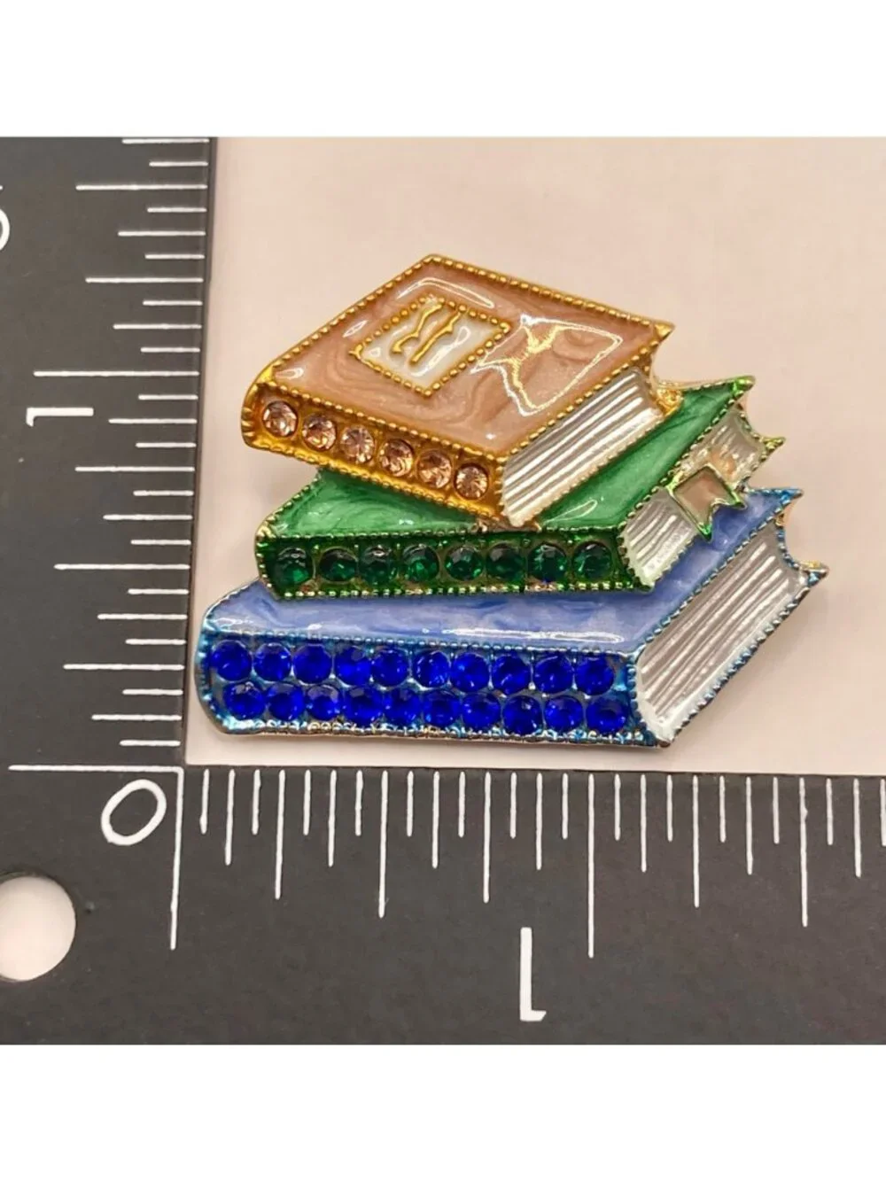 Stacked Books Enamel & Rhinestone Gold-Tone Brooch Pin Multicolor -26B